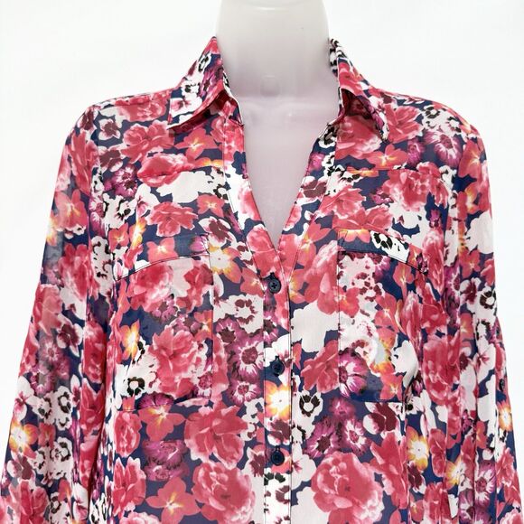 Express The Portofino Shirt Womens S Pink Floral Sheer Lightweight Long Sleeve - Picture 2 of 9